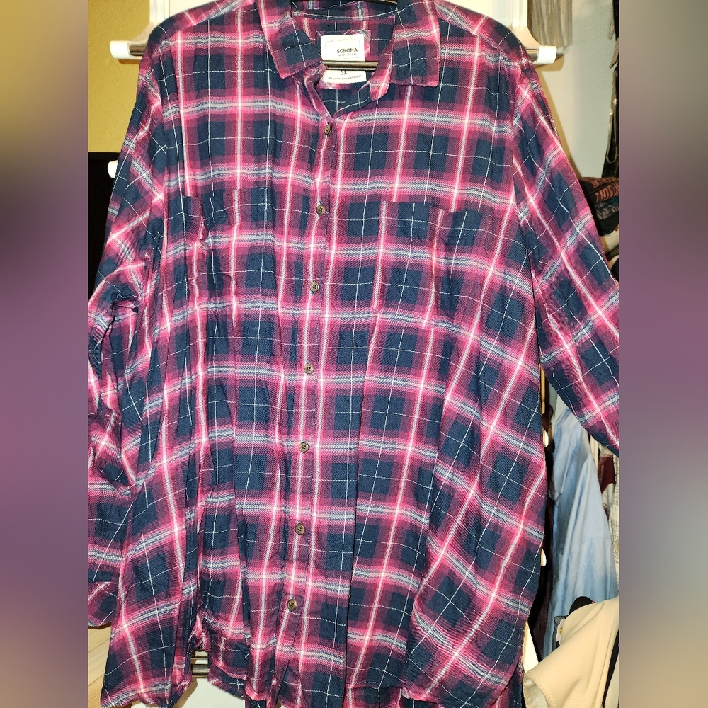 EUC Sonoma Navy Blue and Pink Plaid Button Front Shirt Plus Size 3x